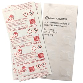 plasteo® PURE OASIS Water Purification Tablets Pack of 30 for up to 750 Litres of Water Sterilization | 100% Germ-free Drinking Water in 30 Minutes | 1 x Glove Made of PE | Emergency | Crisis