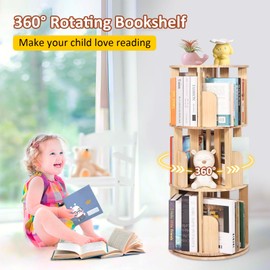 YGYQZ Rotating Bookshelf for Kids, 3 Tier Spinning Bookcase Tower for Kids & Adult 360 Display Revolving Book Shelf Small Wood Bookshelf Organizer Storage Rack for Bedroom