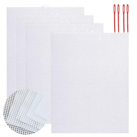 Pack of 4 Plastic Canvas Sheets, White Plastic Grid 26.2 x 34 cm, Plastic Mesh Canvas with 4 Sewing Needles, Plastic Cross Stitch Mesh Fabric for Handmade, Crafts and Sewing Projects (White / 4