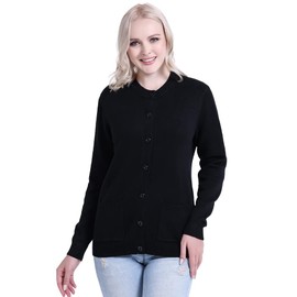 SMILING PINKER Women's Basic Crew Neck Knitted Cardigan with Button, black