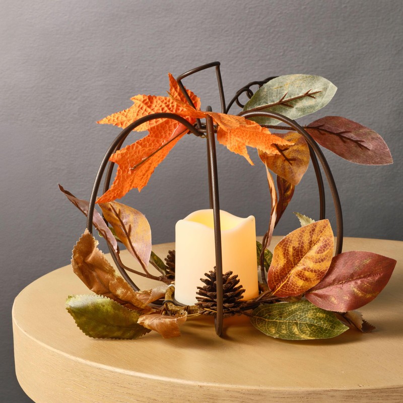 Elements Black Metal Wire Pumpkin with Artificial Leaves and LED