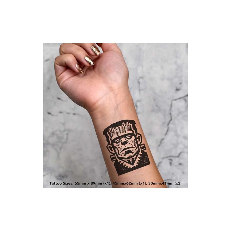 4 x 'Frankenstein's Monster' Temporary Tattoos - Water Resistant, Skin-Safe,