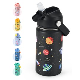 Kids Water Bottle 14oz with Silicone Straw Lid - Insulated Toddler Water Bottle Stainless Steel Keeps Cold 24H, Leak Proof & Universe Stars Prints Design | Custom Name Tag for School, Daycare, Travel