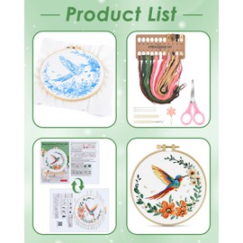 ERKOON Embroidery Kit for Beginners, Hummingbird and Flower Cross Stitch Set Include Embroidery Cloth Hoops Threads for Craft Lover Hand Stitch (Colorful Hummingbird)