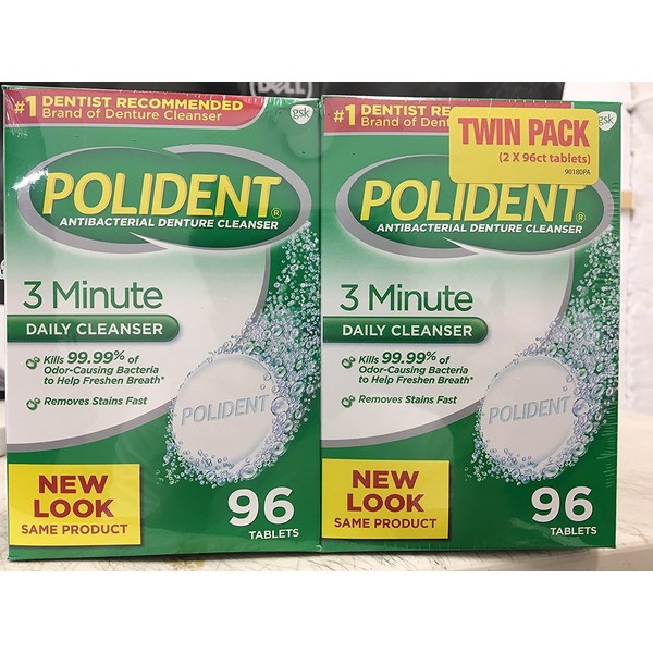 Improved Triple Mint Freshness - Polident Antibacterial 3 Minute Denture Cleanser 96 Tablets per Box (Pack of 2)