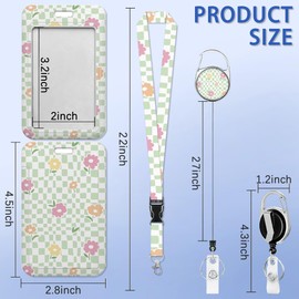 Stylish Floral Checkered Badge Holder with Detachable Lanyard, ID Card Holder Vertical ID Protector Clips, Fashionable Name Tags Clips with Heavy Duty Badge Reel for Nurse Doctor Office Employees