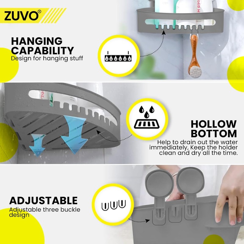 Zuvo Shower Shelf Suction Cup No-Drilling - Enhance Shower Storage