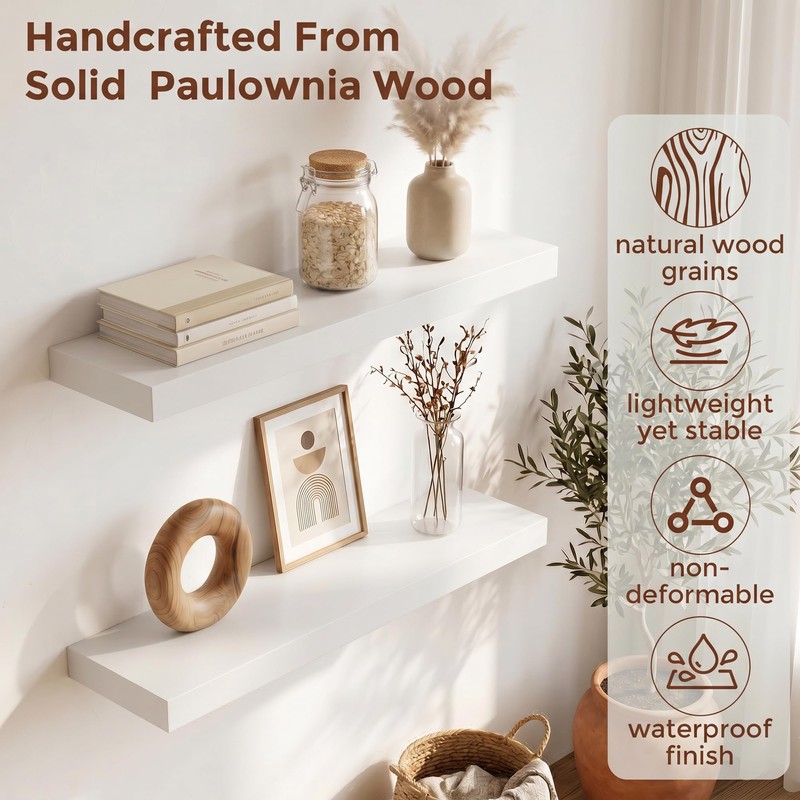 White Floating Shelves, 24 Inch Wood Shelves for Wall Set