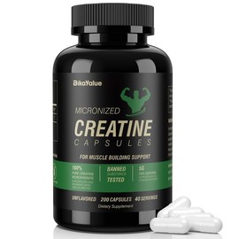 Micronized Creatine Monohydrate Capsules 200G, 200 Creatine Capsules Supplement for Muscle, Performance, Strength, Energy, Recovery, Gluten Free Creatine for Women and Men (40 Servings) Healthcare Edible