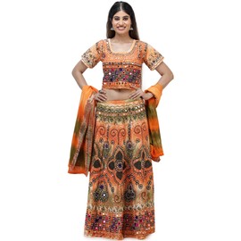 Exotic India Embroidered Lehenga Choli from Jodhpur with Hand-Embroidered Beads and Mirrors - Color TangerineColor 40