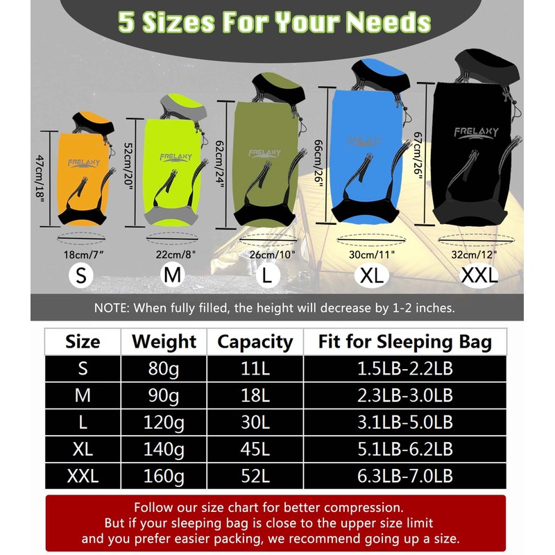Frelaxy Compression Sack, 40% More Storage! 11L/18L/30L/45L/52L Compression Stuff Sack,