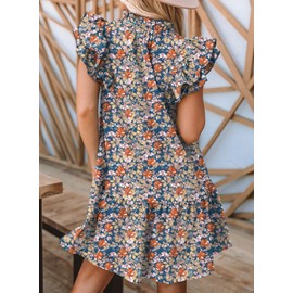 Dokotoo Women's Casual Dresses Elegant Resort Wear for Women 2025 Boho Floral Drawstring V Neck Short Sleeve Ruffle Party Babydoll Mini Tunic Dress Spring Summer Beach Sun Dress Multicolor Large