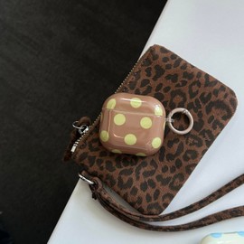 Cute Aesthetic Yellow Polka Dot Pattern case for AirPods 1/2 | Chic Retro with Keychain Design | Classic Slim Soft TPU Shockproof Protection Cover | Durable Fade-Proof | Girly Gift-Brown&Yellow
