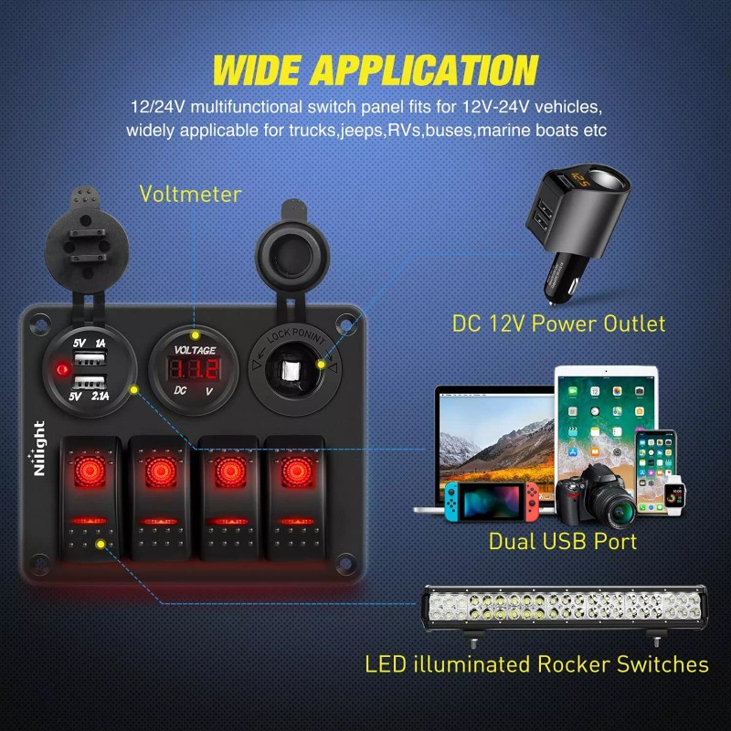 Nilight Led Rocker Switch 4 Gang w/ Usb Charger Voltmeter