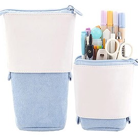 Friinder Pen Pencil Telescopic Holder Stationery Case, PU Corduroy Stand-up Retractable Transformer Bag Colorful Organizer, Great for Christmas Holiday New Year Winter Gift Cosmetics Pouch Makeup Bag (Blue)