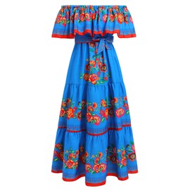 Women Mexican Dress Off Shoulder Floral Long Maxi Dress Summer Beach Party Cinco de Mayo Dresses Blue M