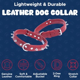 Red Spiked Leather Dog Collar| 12" x 5/8" (for Neck Size: 6.5"- 9.5") | Soft & Durable | Studded Dog Collar | Stainless Steel Hardware | Center Dee Ring | Rotterdam Collection by Angel Pet Supplies