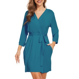 WiWi Women's Robes Soft 3/4 Sleeve Kimono Bathrobe Maternity Robe Casual Viscose from Bamboo Sleepwear S-XXL, Dark Teal, Small