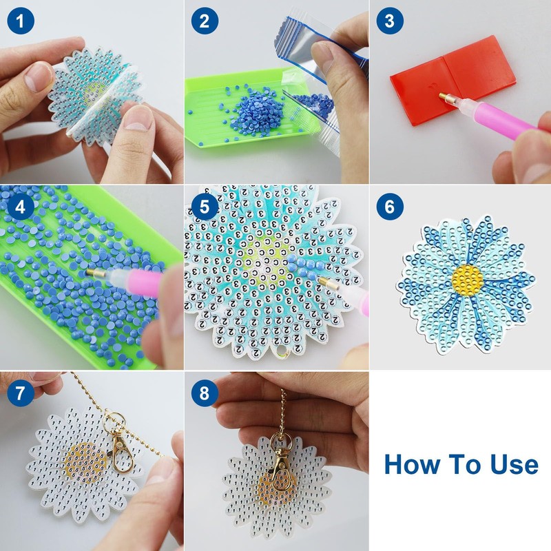 12 Pcs Diamond Art Painting Keychain Double Sided,Flower Art Full