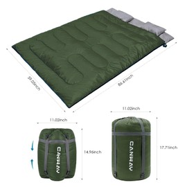 CANWAY Double Sleeping Bag with 2 Pillows, Waterproof Lightweight 2 Person Sleeping Bag for Camping,Backpacking, Hiking Outdoor Indoor for Adults or Teens Queen Size XL （Army Green-Polyester）