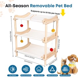 MITREL Large 3-Layer Cat Hammock Bed, 24"x15.7"x26.8" Elevated Cat Bed with Pine Wood Frame, Breathable Washable Covers, Wooden Pet Furniture for Indoor Cats and Small Animals(White, 3-Tier)