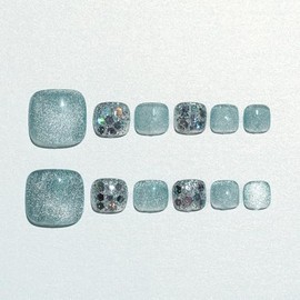 Sun&Beam Nails Handmade Nail Tip, Short, For Foot, Blue, False Nails, Stone, Glitter, Hand-painted Design, Stylish, False Nails, Pack of 12 (#227 M)