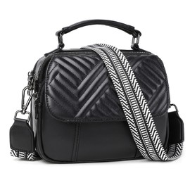 OPAGE Crossbody Bags for Women, Quilted Vegan Leather Women Crossbody Purses Shoulder Handbag with Wide Strap & Top Handle, Black