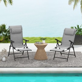 Tangkula Folding Patio Chairs Set of 2, Lounge Chairs with 10-Level Adjustable Backrests & Armrests, Retractable Footrests, Outdoor Recliner Chairs for Poolside, Beach & Camping, 330 LBS (1, Grey)