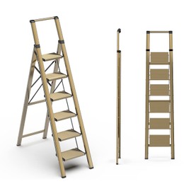 SOLADDER 6 Step Ladder, Folding Step Stool with Handgrip and Anti-Slip Wide Pedal, Portable Lightweight Aluminum Stepladder for Kitchen, Home, Library, Office (300 lbs Capacity) - Gold