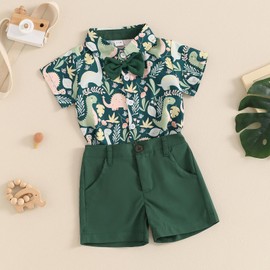 ESSECMBS Toddler Baby Boys Summer Cute Dinosaur Clothing Set 2 Pieces Short Sleeve Lapel Collar Button-Down Shirts Blouse Plain Shorts Boys Gentleman Clothing, Dark Green 1