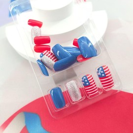Independence Nails Press ons Medium Square Press on Nails 4th of July Fake Nails National Flag White Lines Stars Design Silver Glitter Sequins Acrylic Nails Red Dark Blue July 4th Glue on Nails 24Pcs