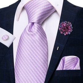 Hi-Tie Mens Lavender Tie Set Silk Striped Woven Necktie with Lapel Pin Pocket Square Cufflinks Set for Wedding Party