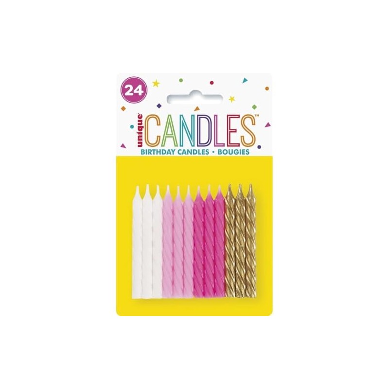 Vibrant Pink White & Gold Spiral Birthday Candles - (Pack