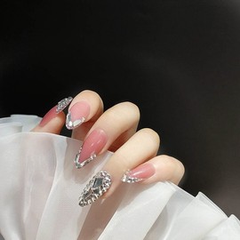 24 pcs Pink Long Nail Patch, Gel Nail Patch, French Nails, 3D Artificial Diamond Decoration, Removable Nail Piece, For Receptions, Weddings, Photo Taking, Parties, After-parties, School Entrance