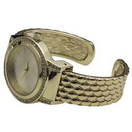 Blekon Collections Quartz Womens Rhinestone Bezel 34mm Case Metal Bangle Cuff Watch (Gold)