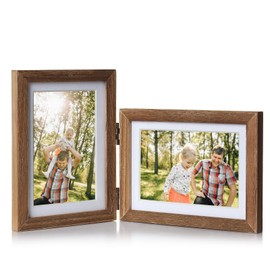Tamolus 5X7 Double Wooden Hinged Picture Frame Vertical and Horizontal in Distressed Farmhouse Wood Grain, Display 4x6 with Mat or 5x7 without Mat, Folding Photo Frame with Real Glass Front for