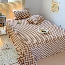 KAREVER White Brown Grid Bed Sheet Set White Suntan Checkered 4 PCs Bedding Sheet Set 1 Fitted Sheet 1 Flat Sheet with 2 Pillowcases Brown Plaid Full Size