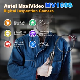 Autel MaxiVideo MV108S Digital Inspection Camera, 2025 Upgrade MV108/ MV105S/ MV105, 2MP 1920x1080, IP67 Waterproof Industrial Endoscope, 39.37'' Flexible Snake Cable, Compatible w/Autel Scanner & PC