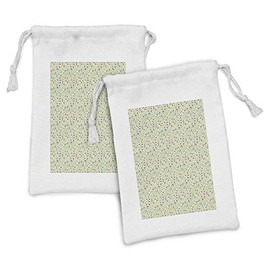Ambesonne Floral Fabric Pouch Set of 2, Jumble Tulip Garden and Leaves Yard Flowering Botanical Flourish Pattern, Small Drawstring Bag for Toiletries Masks and Favors, 9" x 6", Purple Green and Cream
