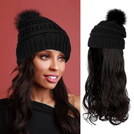 AynnQueen Beanie with Hair Attached for Women Slouchy Cable Hat Wig Knit Beanie Winter Hat with 20inch Removable Hair Extensions Wig (Dark Brown-Black Hat)