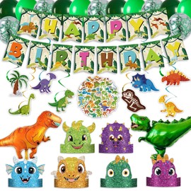 Dinosaur Birthday Party Decorations,Dino Birthday Decorations Dinosaur Party Supplies for Kids, Include Balloons, Banner, Stickers, Hanging Swirls, Dinosaur Theme Party and Birthday Decorations