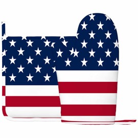 Mxocom American Flag Silicone Oven Mitts and Pot Holders Sets Independence Day Republican Celebration Democracy Nation Stripes BBQ Gloves for Kitchen,Cooking,Baking,Grilling