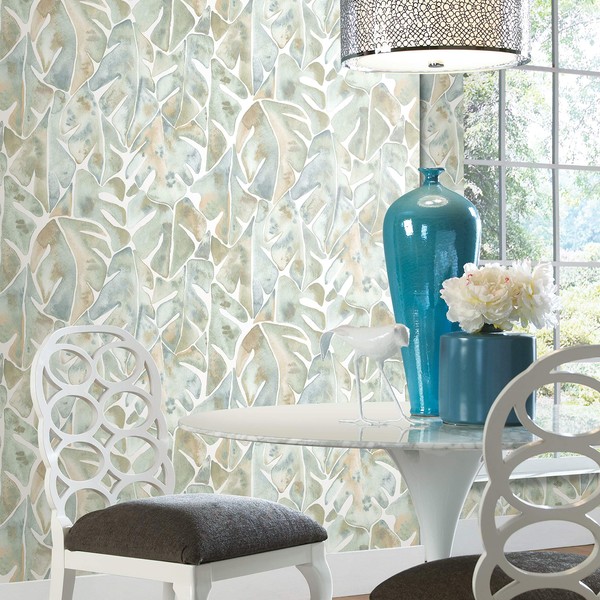 RoomMates RMK11907WP Cat Coquillette Neutral Philodendron Peel and Stick Wallpaper, Blue and Green
