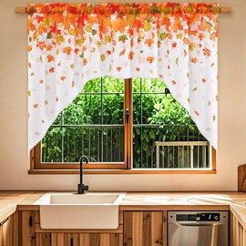 ASPMIZ Fall Kitchen Swag Curtains, Thanksgiving Swag Valances for Windows, Maple Leaf Window Valanes for Bathroom Cafe, Rod Pocket Tie Up Valance for Kitchen Windows, Fall Decorations, 61 x 36 Inch