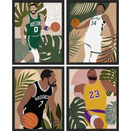 SIGNWIN Framed Basketball Player Jungle Leaves Wall Art, Set of 4 Mid-Century, Male Portrait Wall Decor Prints, Nature Wilderness Wall Décor for Living Room, Bedroom - 8"x10" Black