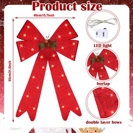 Zeyune LED Christmas Tree Topper Bow Lighted Glitter Red Wreath Bow 21.6 x 15.7 Inch Large Xmas Burlap Bow Warm Lights and Pine Cone Door Wall Decor for Indoor Outdoor Winter Christmas Decoration