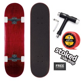 Stoked Ride Shop Skateboard Complete - American Made Maple Wood - Professional Grade Board for Adults, Kids, Girls & Boys - Fully Assembled with Shorty's Wax, Skate Tool and Stickers (7.75" Red)