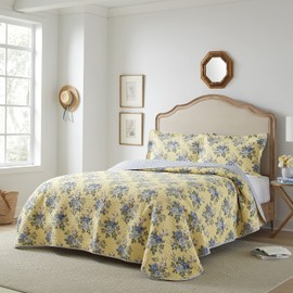 Laura Ashley - Twin Quilt Set, Reversible Cotton Bedding with Matching Sham, Lightweight Home Decor for All Seasons (Linley Yellow, Twin)