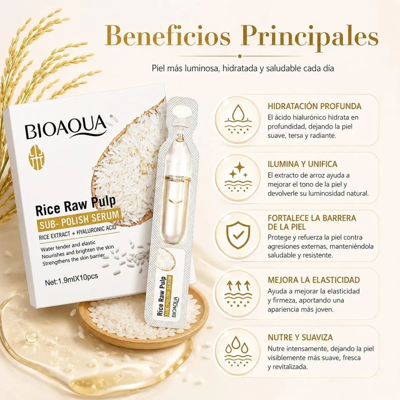 Bioaqua Rice Raw Pulp Serum Arroz Ácido Hialurónico 10 Pzs