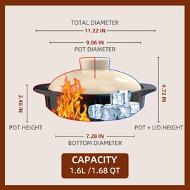 Casserole Dish with Lid, 1.68 QT Clay Pot for Cooking, Ceramic Braiser Pan with Lid, Suitable for Gas, Oven, Microwave and Stovetops